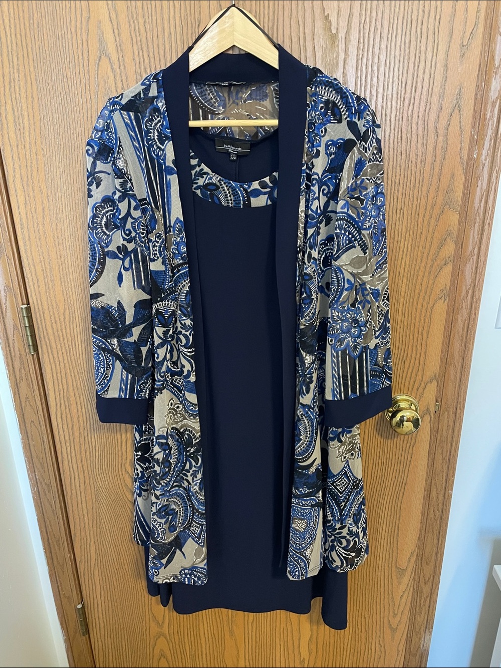 R&M Richards Navy Dress with Blue and Taupe Floral Jacket